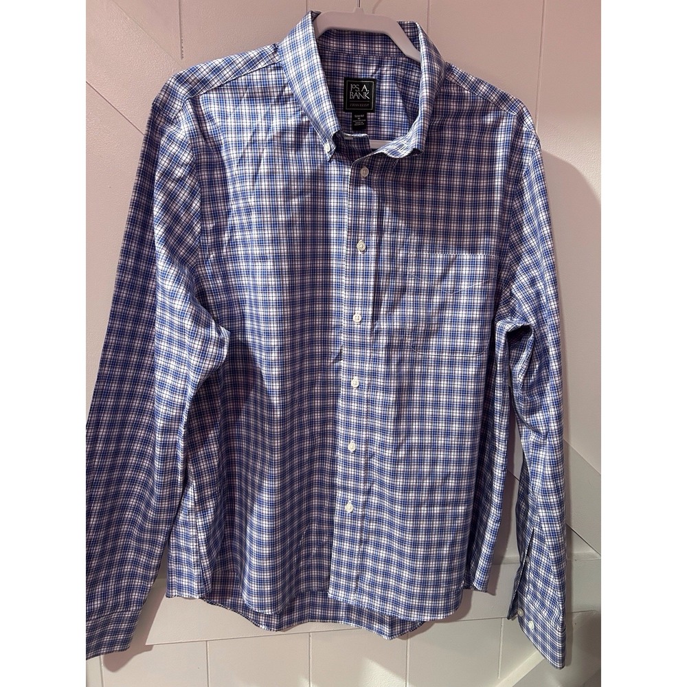 Jos A Bank Traveler  Shirt Mens XL Blue Purple Plaid‎ Slim Fit Dress Button Up